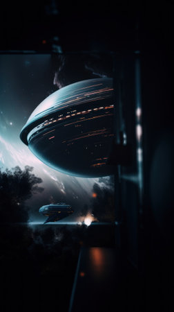 A spaceship flying over a city at night. Generative AI image.の素材
