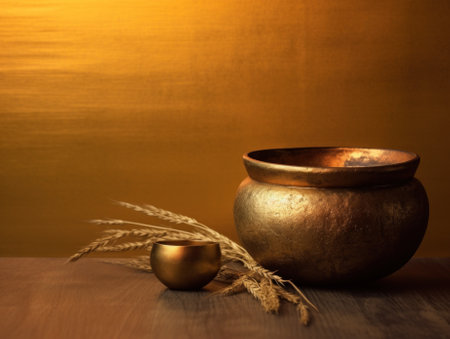 A golden bowl and some wheat on a table. Generative AI image.の素材