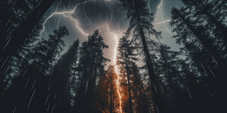 A lightning bolt hitting through a dark forest. Generative AI image.の素材