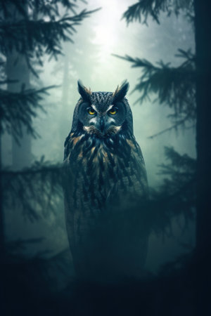 An owl sitting in the middle of a forest. Generative AI image.の素材