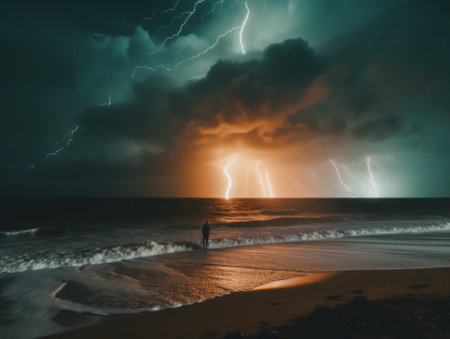 A person standing on a beach under a cloudy sky. Generative AI image.の素材