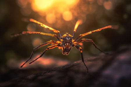 A close up of a spider on a tree branch. Generative AI image.の素材