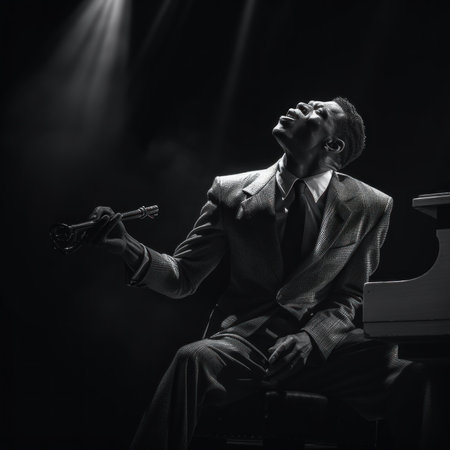 A man sitting at a piano singing into a microphone. Generative AI image.の素材