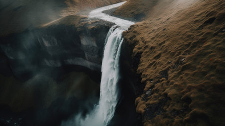 A waterfall with a white arrow in the middle of it. Generative AI image.の素材