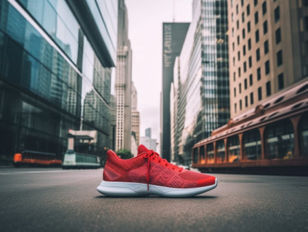 A pair of red sneakers on a city street. Generative AI image.の素材