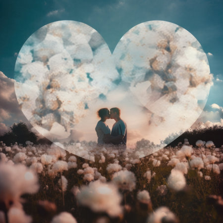 A couple kissing in a field of flowers. Generative AI image.の素材