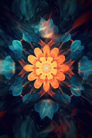 A yellow flower surrounded by blue leaves. Generative AI image.の素材