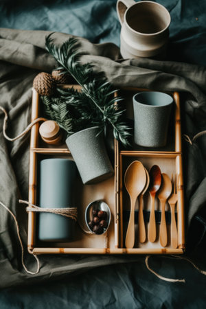 A tray with tea cups, spoons, and a plant. Generative AI image.の素材