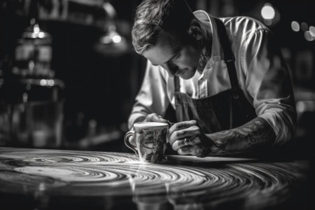 A man sitting at a table with a cup of coffee. Generative AI image.の素材