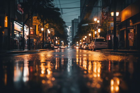A wet city street at night with lights reflecting on the pavement. Generative AI image.の素材