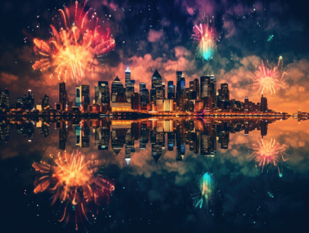 Fireworks in the sky over a city at night. Generative AI image.の素材