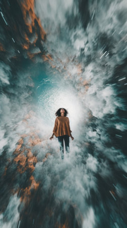 A woman standing in the middle of a body of water. Generative AI image.の素材