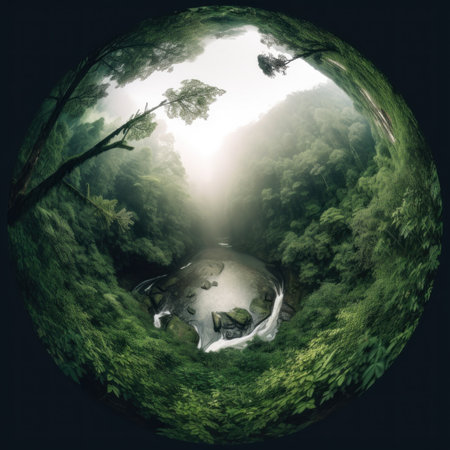 A fish eye view of a river surrounded by trees. Generative AI image.の素材