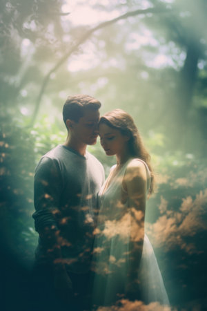 A man and a woman standing in the woods. Generative AI image.の素材