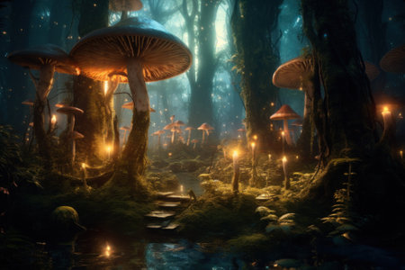 A forest filled with lots of different types of mushrooms. Generative AI image.の素材