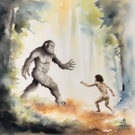 A painting of a man and a bigfoot in a forest. Generative AI image.の素材