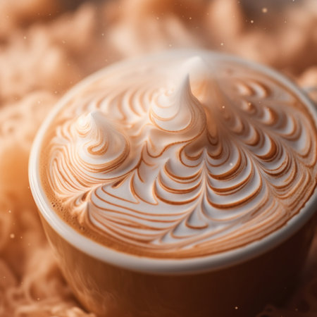 A close up of a cup of coffee on a table. Generative AI image.の素材