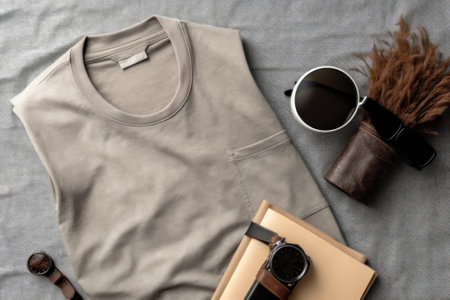 A pair of sunglasses, a watch, a book, and a watch on a bed. Generative AI image.の素材