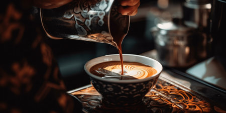 A person pouring a cup of coffee into a cup. Generative AI image.の素材