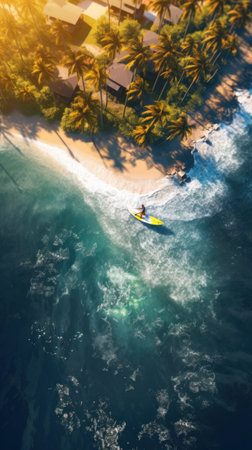 A man riding a surfboard on top of a wave. Generative AI image.の素材
