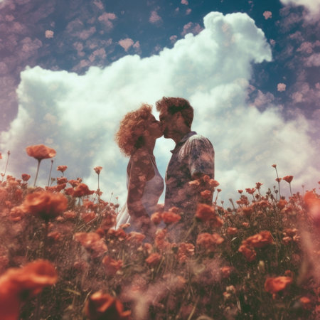 A couple kissing in a field of flowers. Generative AI image.の素材