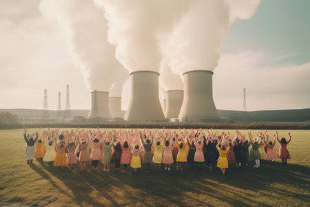 A group of people standing in front of a factory. Generative AI image.の素材
