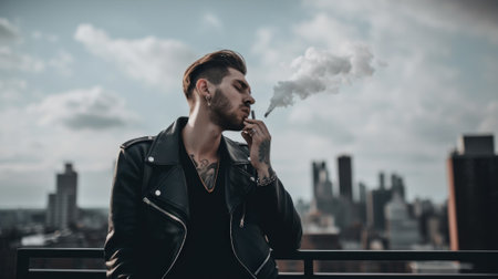 A man smokes a cigarette in front of a city skyline. Generative AI image.の素材