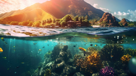 An underwater view of a tropical island with corals and fish. Generative AI image.の素材
