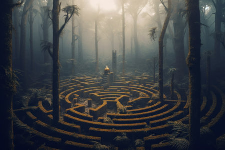 A man standing in the middle of a maze surrounded by trees. Generative AI image.の素材