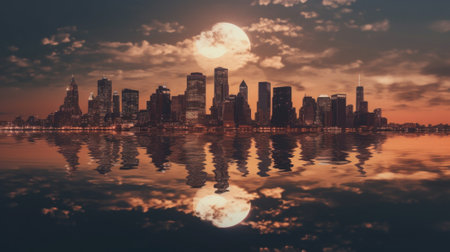 A city skyline with a full moon in the sky. Generative AI image.の素材