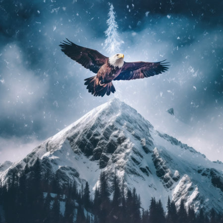A bald eagle soaring over a snowy mountain. Generative AI image.の素材