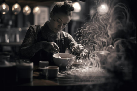 A woman in a black and white photo stirring something in a bowl. Generative AI image.の素材