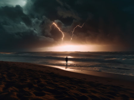 A person standing on a beach under a cloudy sky. Generative AI image.の素材