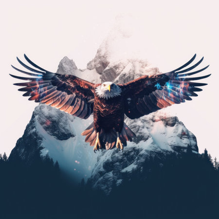 A bald eagle flying over a mountain range. Generative AI image.の素材