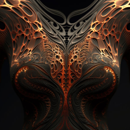 A close up of a womans torso with intricate designs on it. Generative AI image.の素材