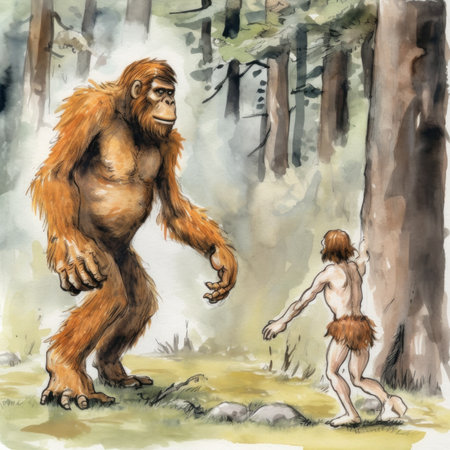 A painting of a man and a bigfoot in a forest. Generative AI image.の素材