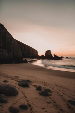 A sandy beach with rocks and a cliff in the background. Generative AI image.の素材