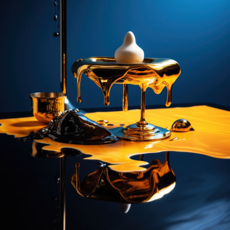 A liquid pouring from a spoon into a bowl. Generative AI image.の素材