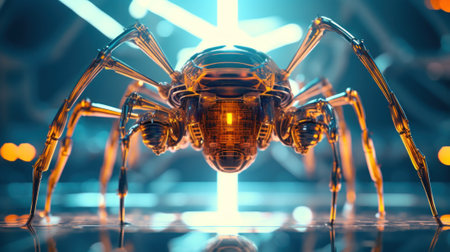 A large mechanical spider sitting on top of a glass table. Generative AI image.の素材