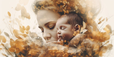 A woman holding a baby in her arms. Generative AI image.の素材