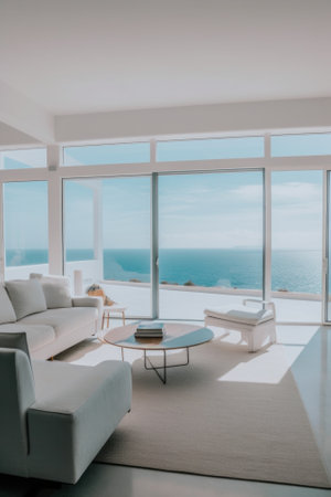 A living room filled with furniture and a view of the ocean. Generative AI image.の素材