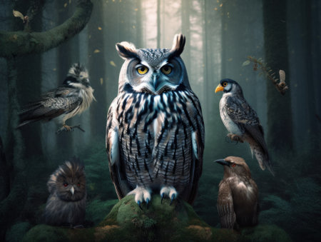 A group of birds sitting on top of a moss covered forest. Generative AI image.の素材