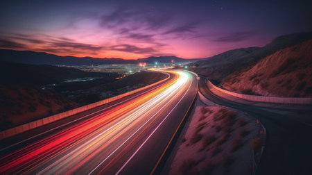 A long exposure photo of a highway at night. Generative AI image.の素材