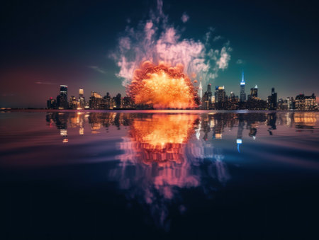 A large explosion is seen in front of a city skyline. Generative AI image.の素材
