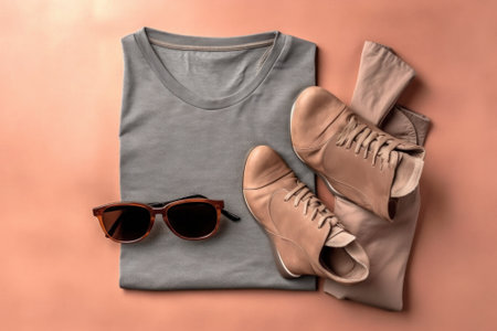 A pair of shoes, sunglasses and a t - shirt. Generative AI image.の素材