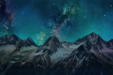 A painting of a night sky with a mountain range in the foreground. Generative AI image.の素材