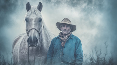 A man standing next to a white horse. Generative AI image.の素材