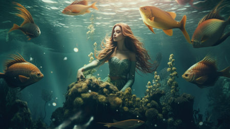 A mermaid sitting on a rock surrounded by fish. Generative AI image.の素材