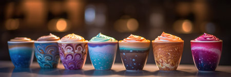 A row of different colored drinks sitting on top of a table. Generative AI image.の素材