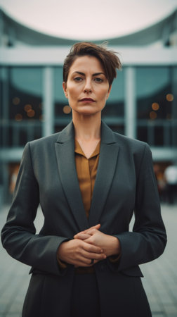A woman in a suit standing in front of a building. Generative AI image.の素材